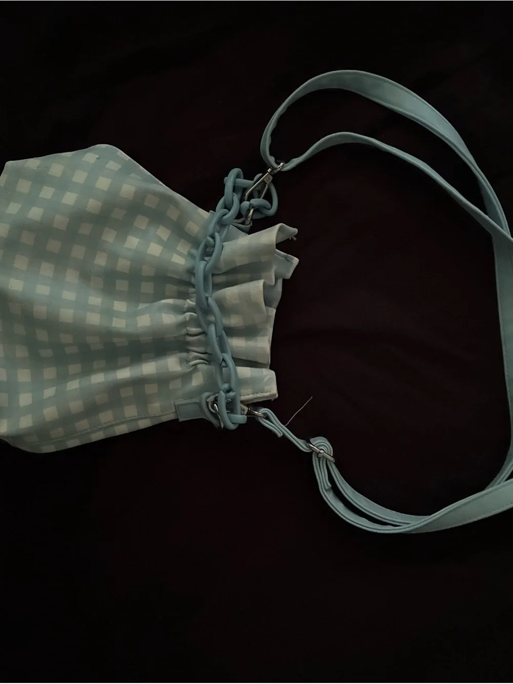 Others Follow Blue Gingham Drawstring Bucket Bag with Chain Accent